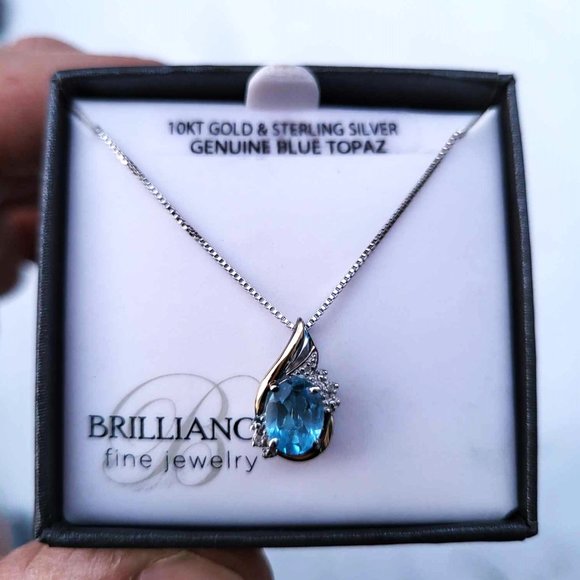 Brilliance Genuine 10kt gold & Sterling Silver Blue Topaz Diamond Necklace - Picture 4 of 5